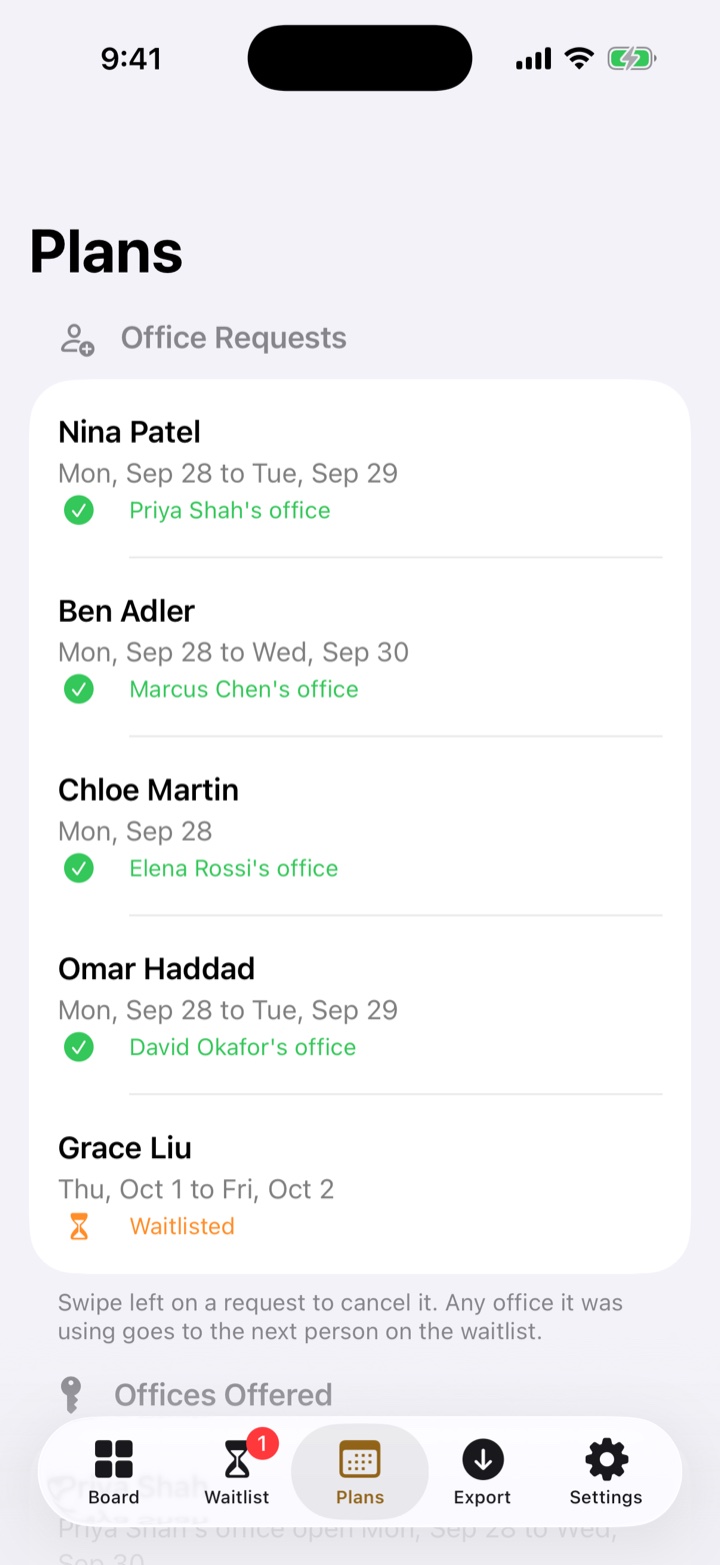 The Plans tab in OfficeSwap, listing requests and the office each person got